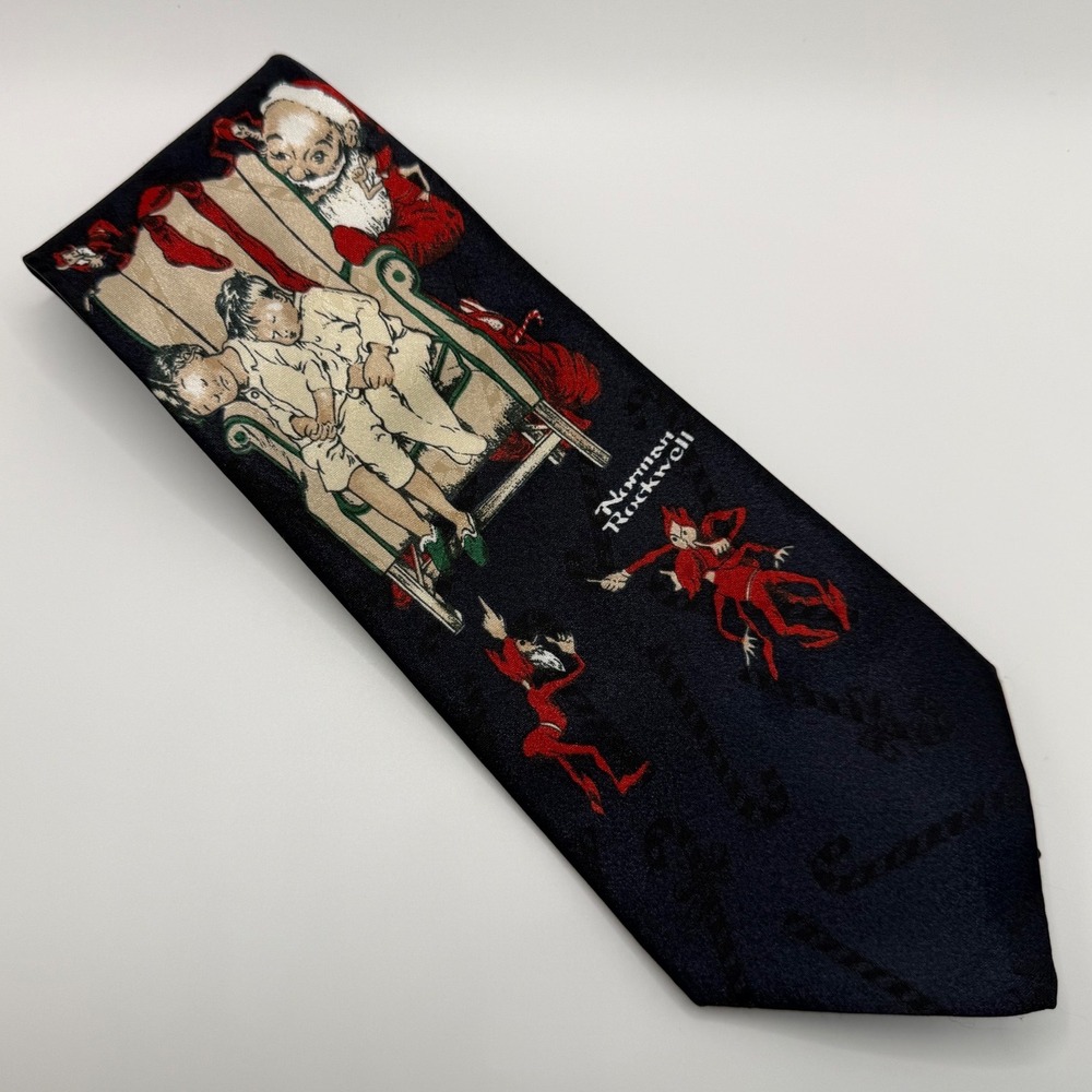 Norman Rockwell Necktie OS Christmas Holiday Santa Americana Vintage Navy Blue